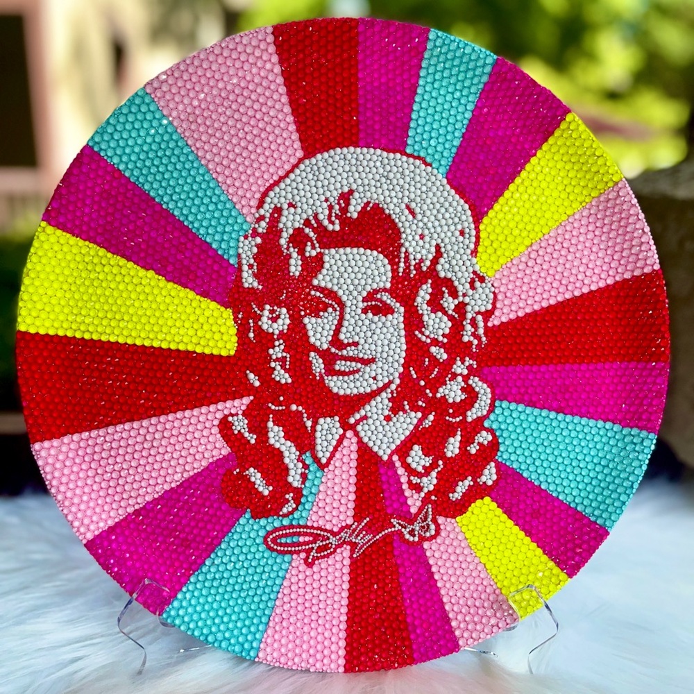 Rhinestoned Dolly Parton 14" Round Multi-color display plate